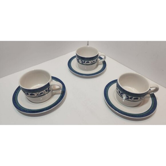 Vintage Pfaltzgraff Orleans Set Of 3 Cups And Saucers Blue Vine - Picture 2 of 9